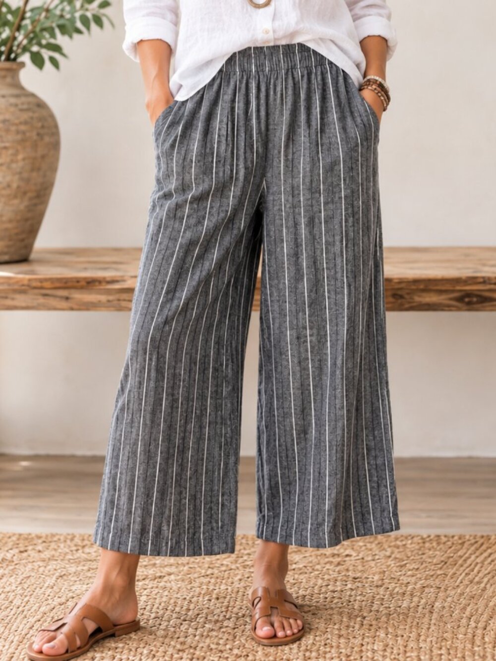 Linen Blend Wide Leg Cropped Pinstripe Pants Charcoal S Coastal Lagenlook NWOT